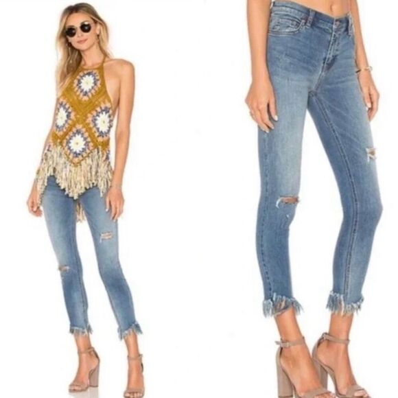 Free People Great Heights Skinny Frayed Hem Jeans Women 24 Medium Wash Stretch - Picture 3 of 8